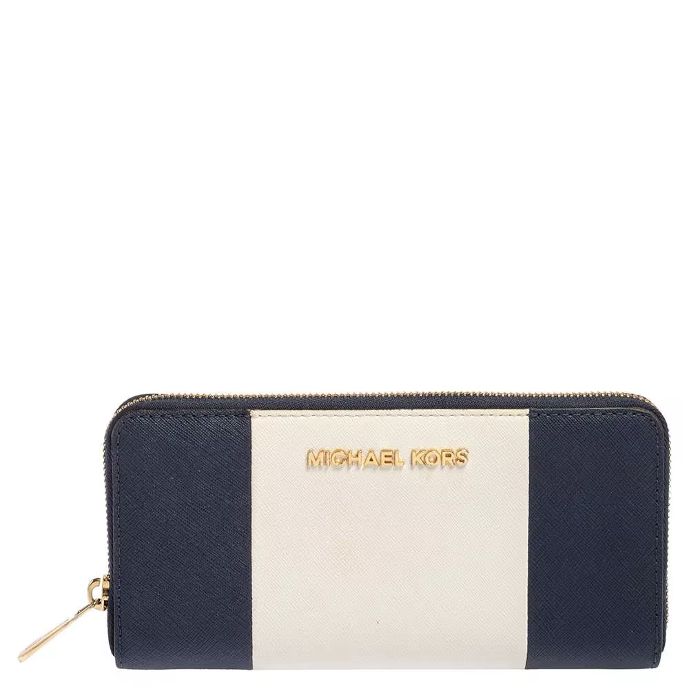 Michael Kors White/Blue Leather Jet Set Zip Around Wallet/wristlet